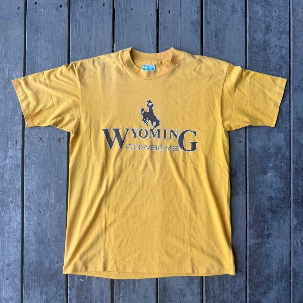 Vintage 80s Wyoming Cowboys T Shirt Mustard Yellow NCAA Single Stitch L USA